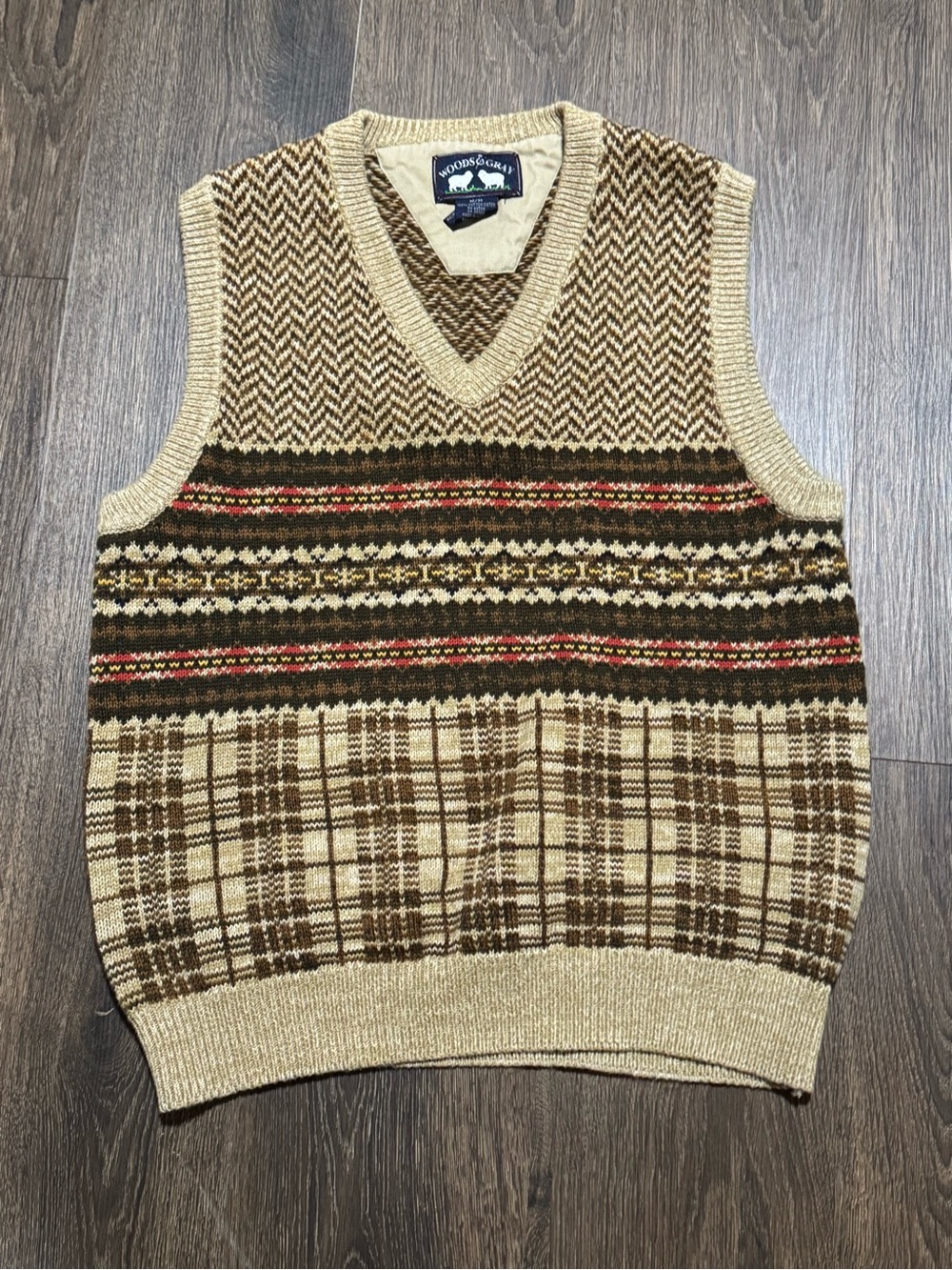 Woods & Gray 90s Mens Sweater Vest M Brown Fair Isle Herringbone Plaid Academia